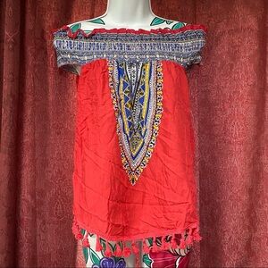 Off Shoulder Tribal Print Tassel Trim Shirt